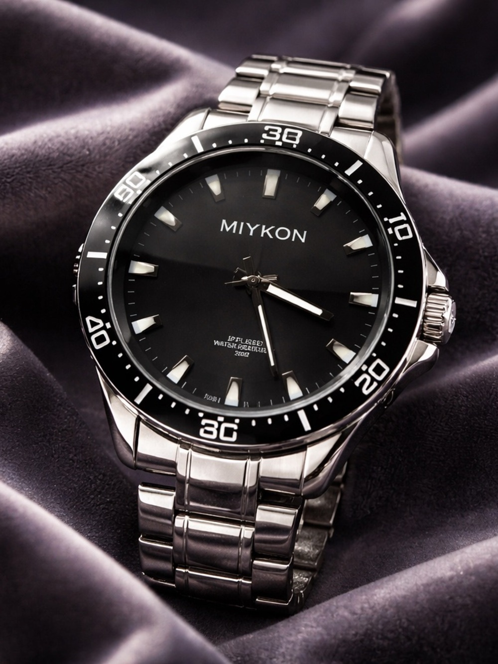 Miykon Men's Silver Stainless Steel Quartz Watch - Black Dial, Water Resistant
